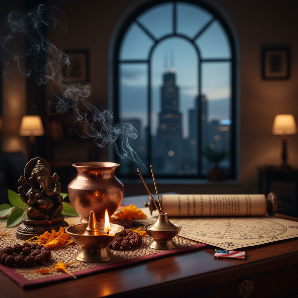 Indian Astrologer in Chicago: Real Vedic Insights You Can Trust Indian astrologer performing Vedic astrology consultation in Chicago