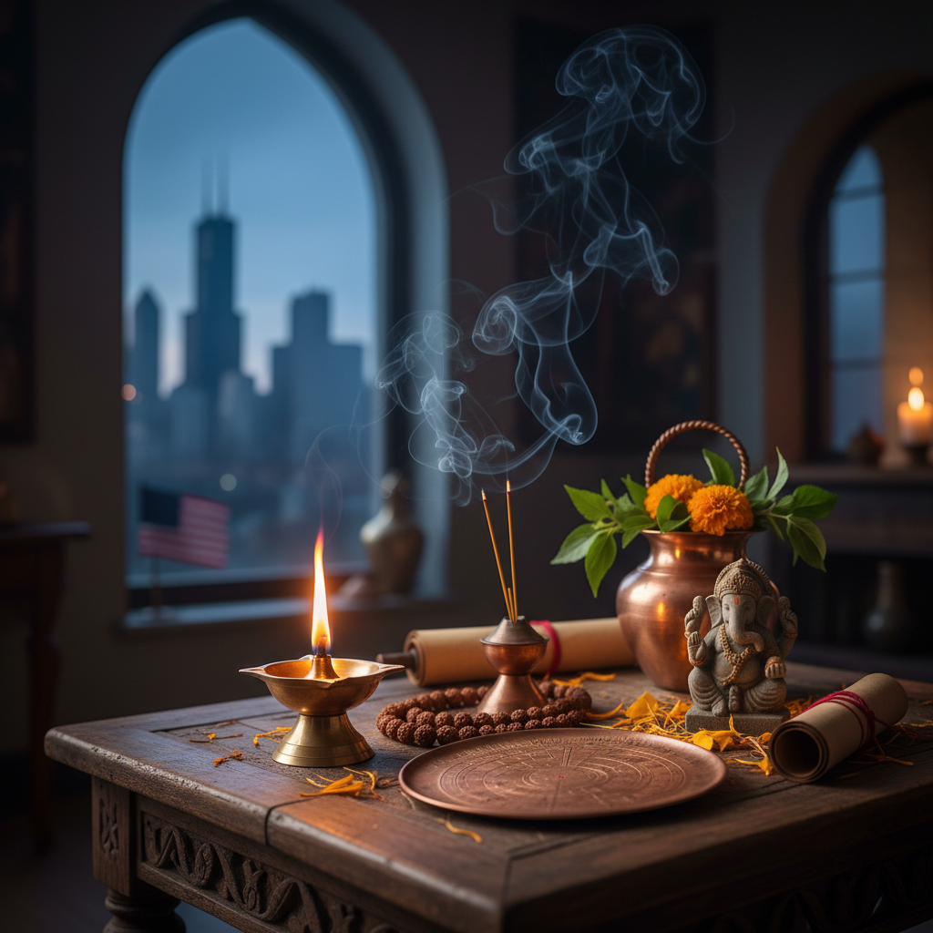 Indian astrologer performing Vedic astrology reading in Chicago