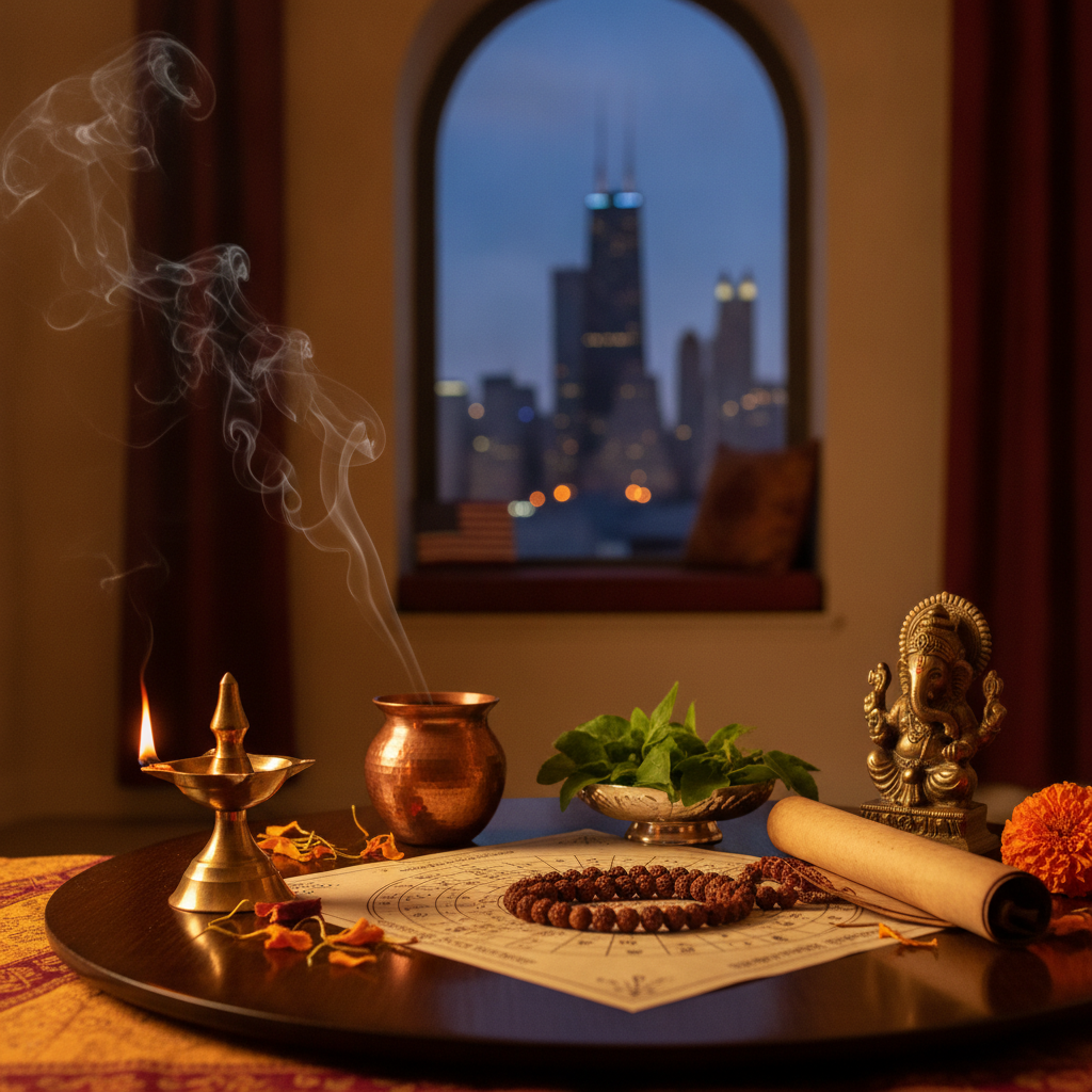 Indian astrologer reading Vedic horoscope in Chicago office