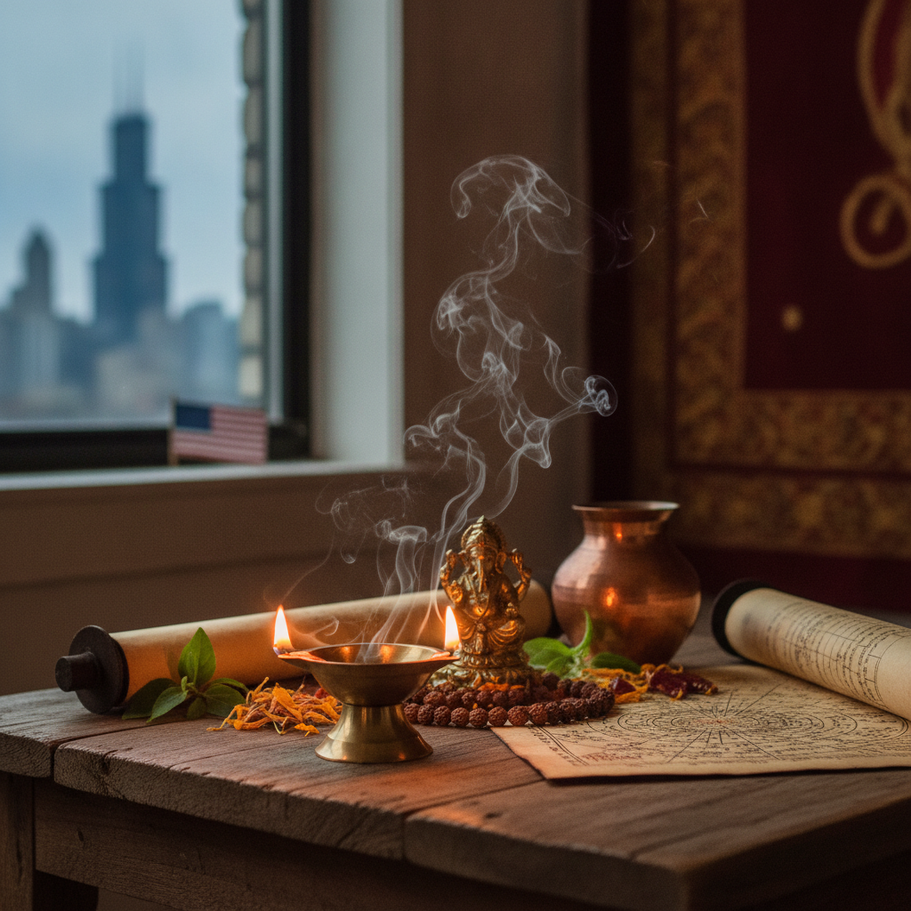 Indian astrologer performing Vedic horoscope reading in Chicago