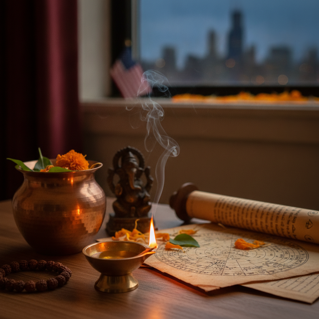 Indian astrologer performing Vedic horoscope reading in Chicago