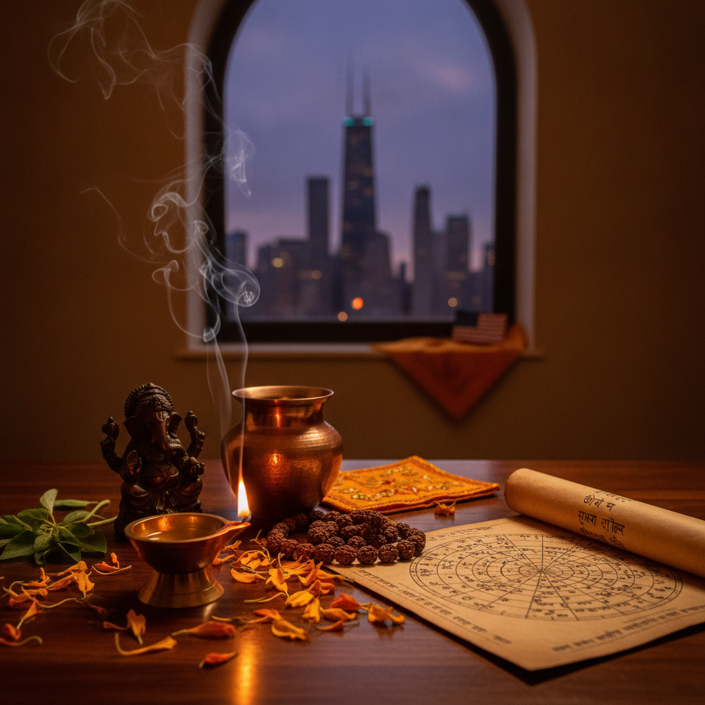 Indian astrologer performing Vedic horoscope reading in Chicago