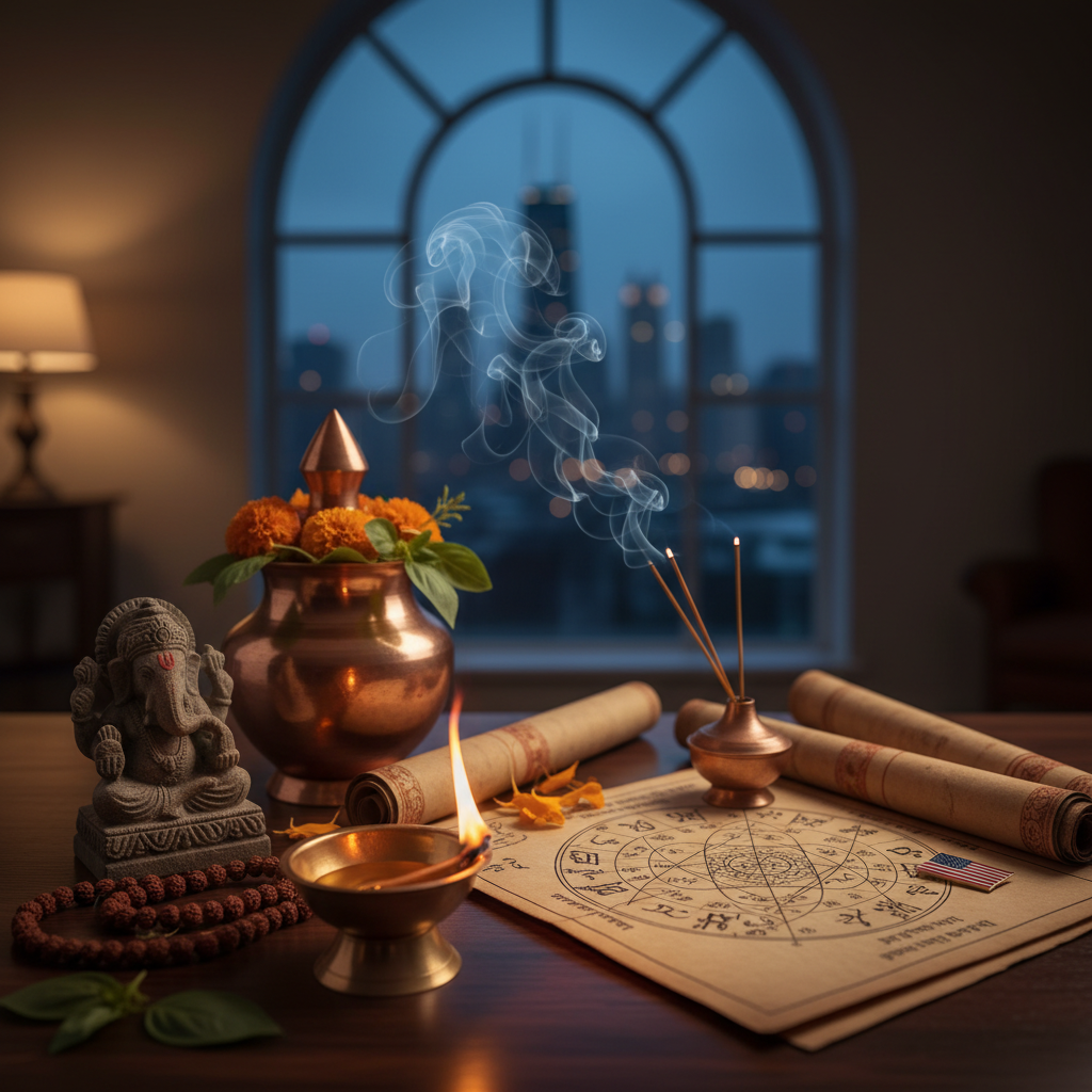Indian astrologer performing vedic horoscope reading in Chicago