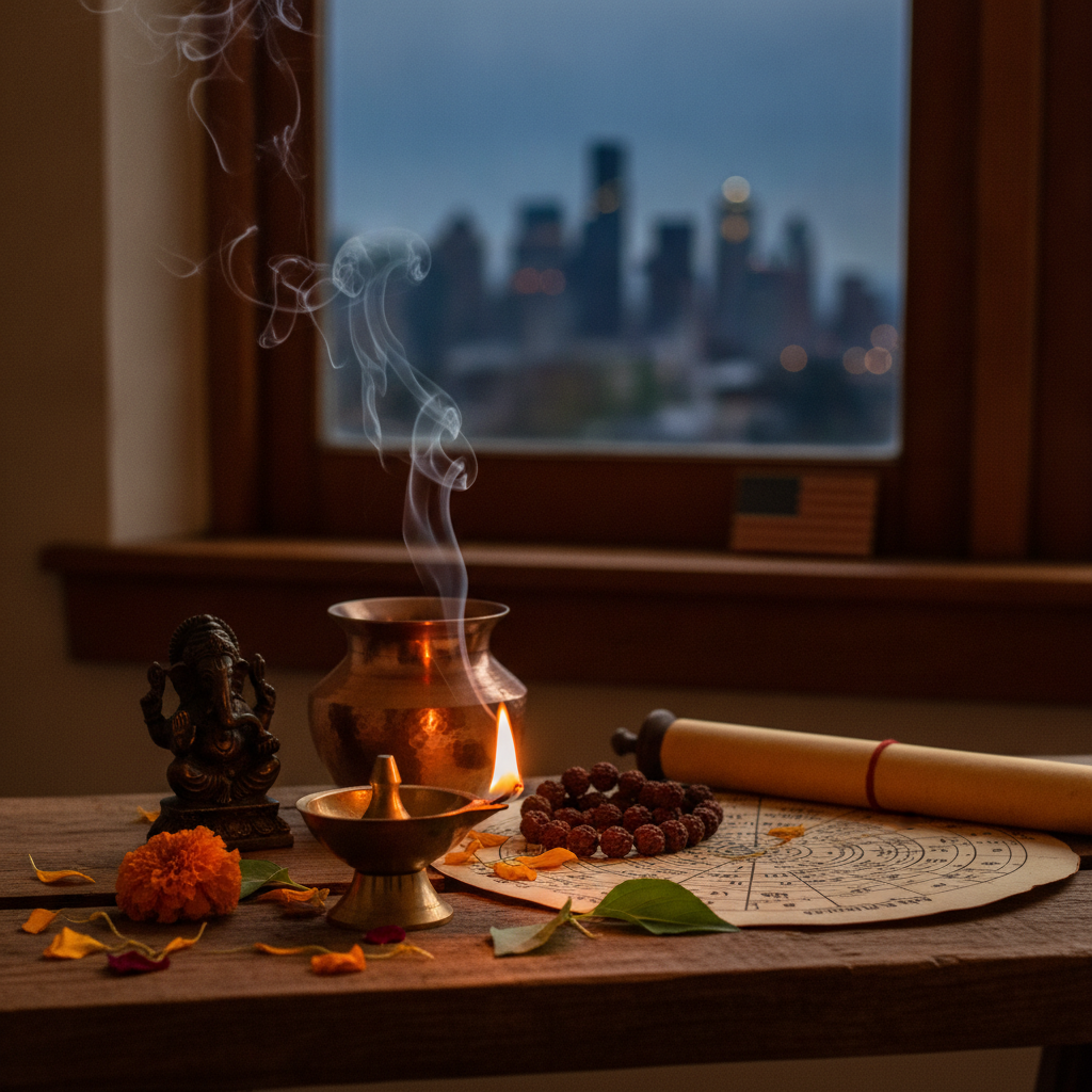 Indian astrologer performing Vedic readings in Seattle office