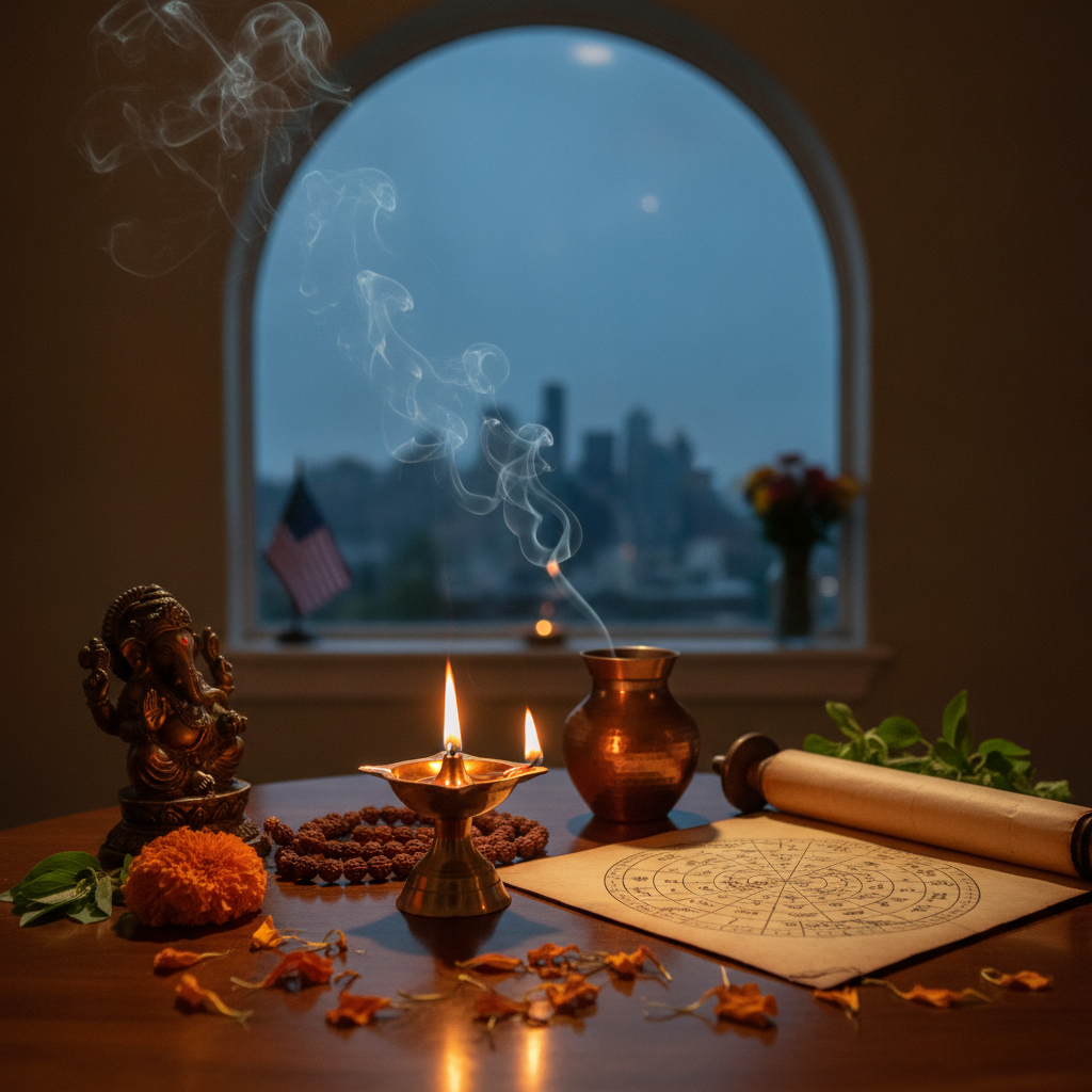 Indian astrologer reading horoscope for Seattle client