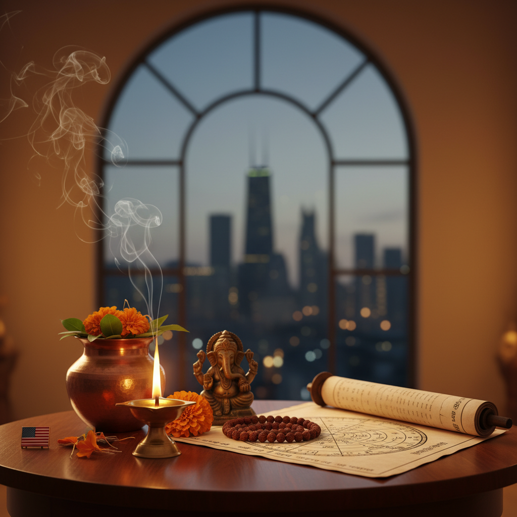Indian astrologer performing Vedic astrology reading in Chicago